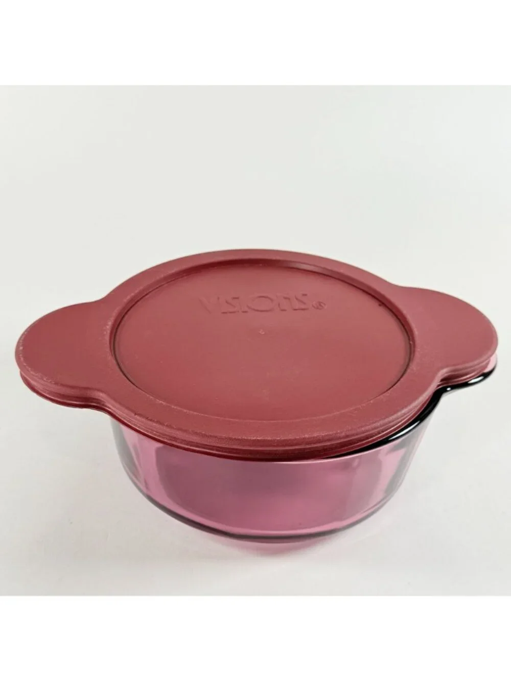 Visions Cranberry Glass 1 Qt Casserole Dish With Lid & Plastic Cover 1174